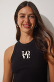 Siyah Halter Yaka Nakışlı Fitilli Crop Örme Bluz US00904