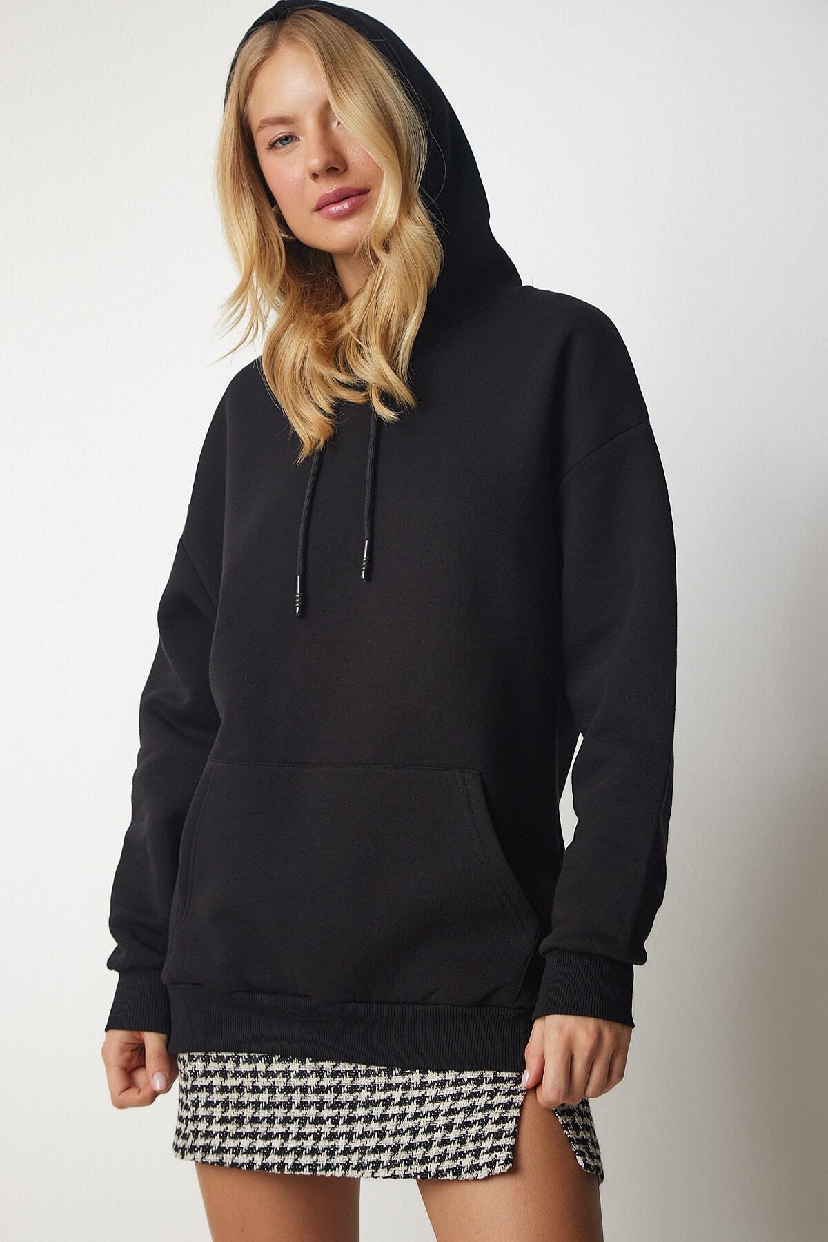 Siyah Kapüşonlu Örme Sweatshirt EW00001