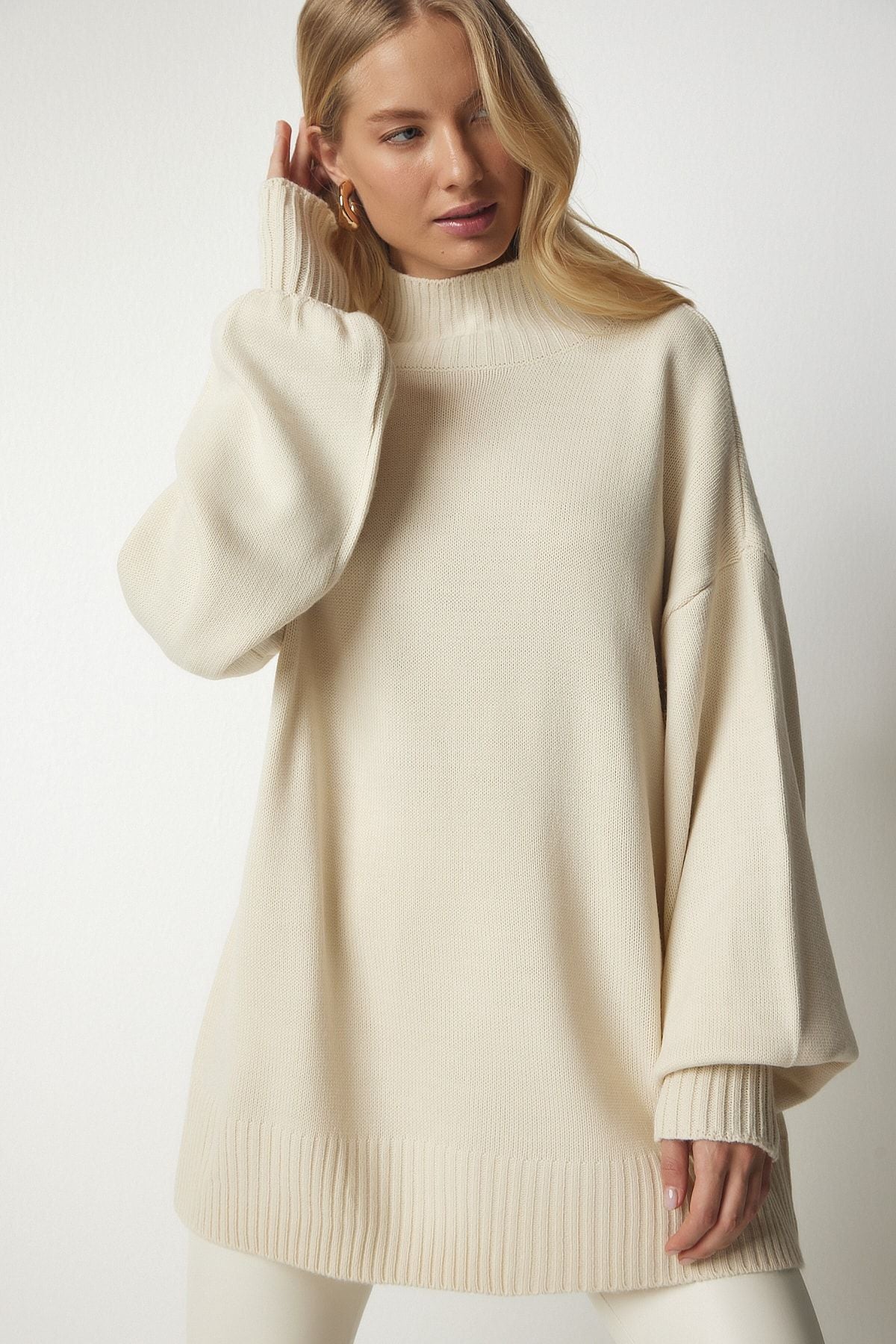 Krem Dik Yaka Oversize Basic Triko Kazak YY00167