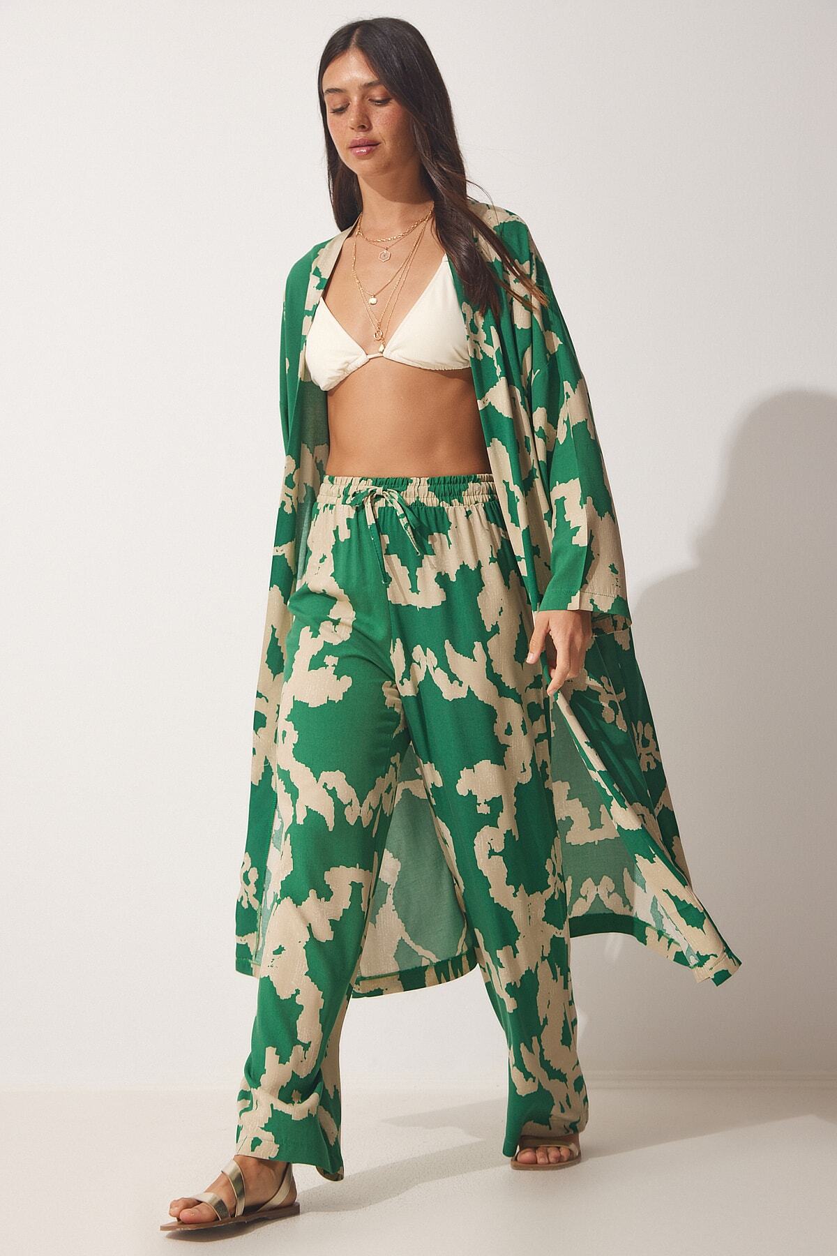 Yeşil Bej Desenli Viskon Kimono Palazzo Pantolon Takım CI00086