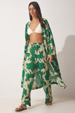 Yeşil Bej Desenli Viskon Kimono Palazzo Pantolon Takım CI00086