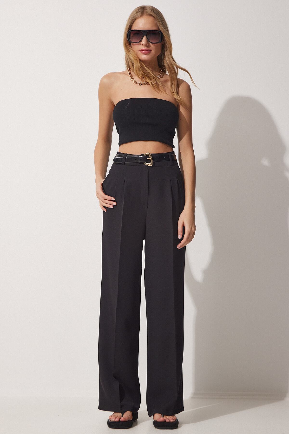 Siyah Geniş Paça Maskülen Dokuma Pantolon HG00001