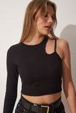Siyah Cut Out Detaylı Crop Örme Bluz UB00090