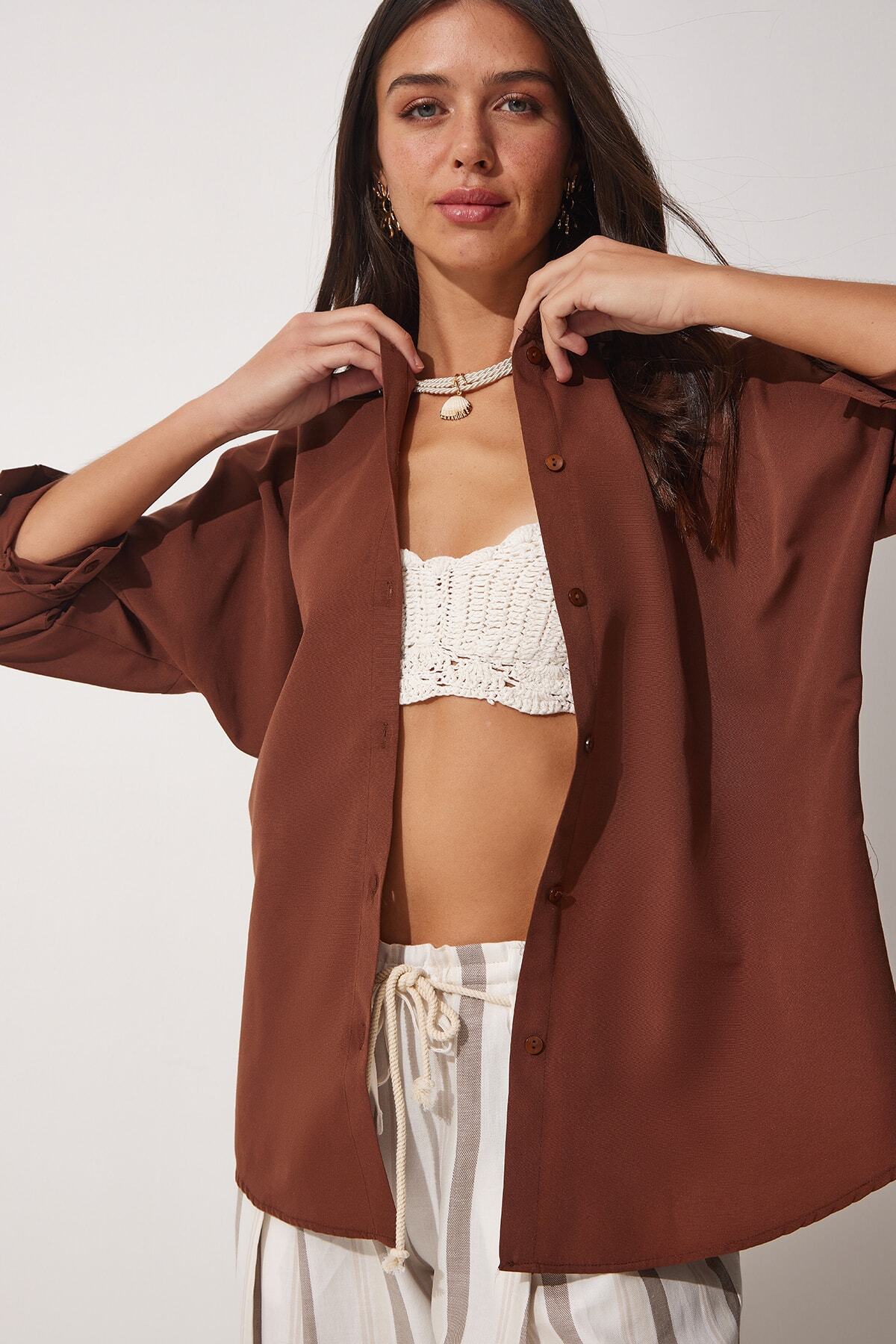 Kakao Oversize Uzun Basic Gömlek  DD00842