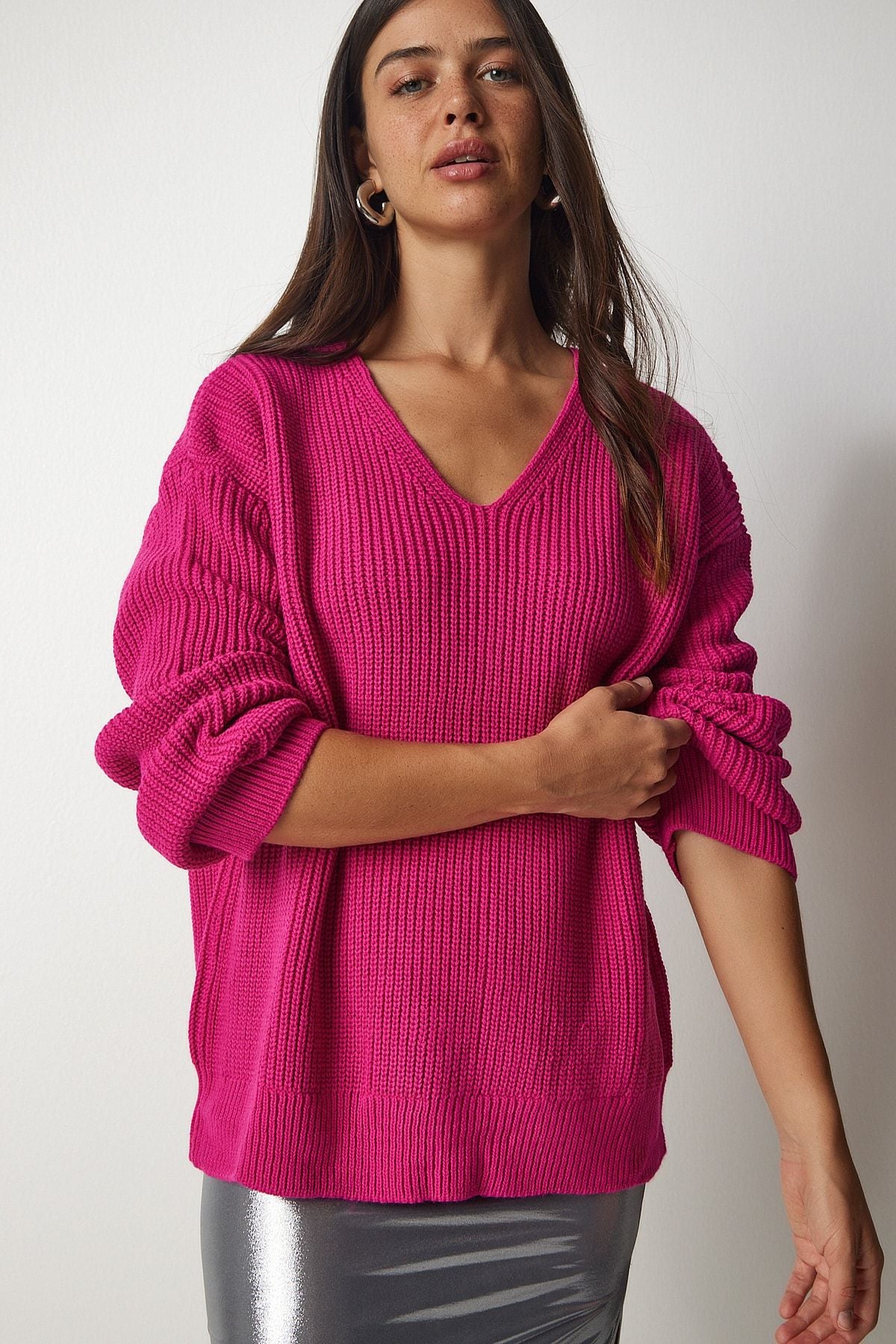 Pembe V Yaka Oversize Basic Triko Kazak MX00130