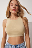 Krem Bisiklet Yaka Yazlık Crop Triko Bluz ER00050