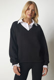 Siyah Gömlek Detaylı Örme Sweatshirt cr00414