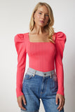 Pembe Kare Yaka Fitilli Triko Bluz YY00159