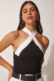 Siyah Halter Yaka Crop Triko Bluz US00900