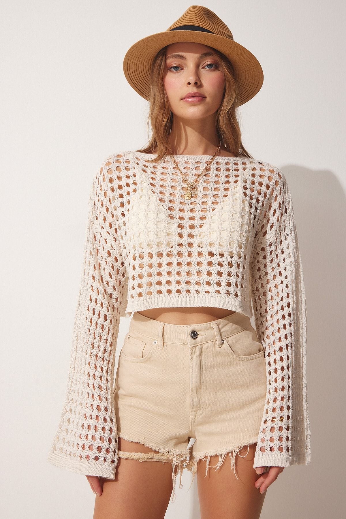 Krem Ajurlu Crop Triko Bluz YY00151