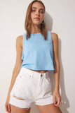 Gök Mavi Pamuklu Halter Yaka Crop T-Shirt UB00097