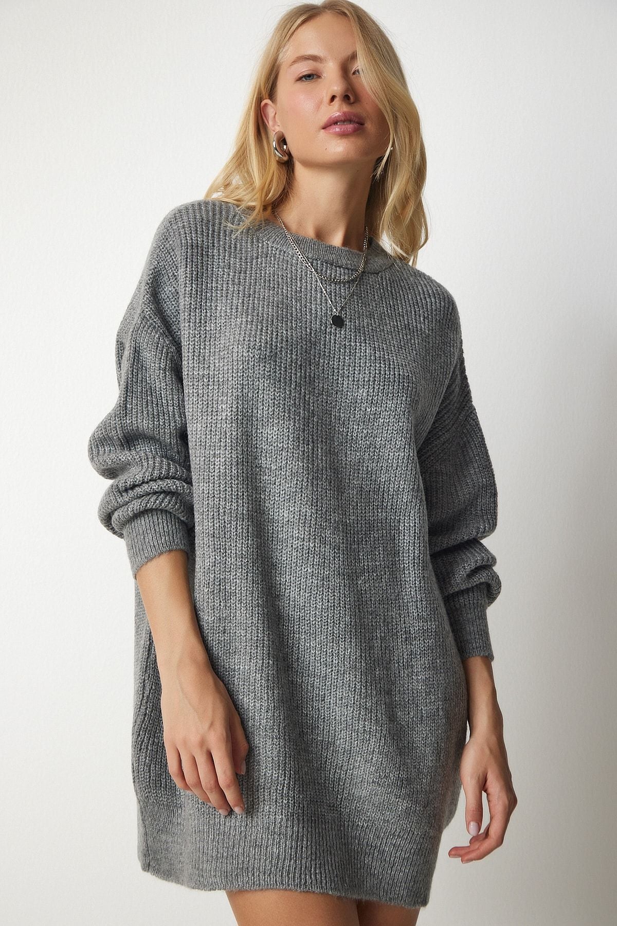 Gri Oversize Uzun Basic Triko Kazak BV00099