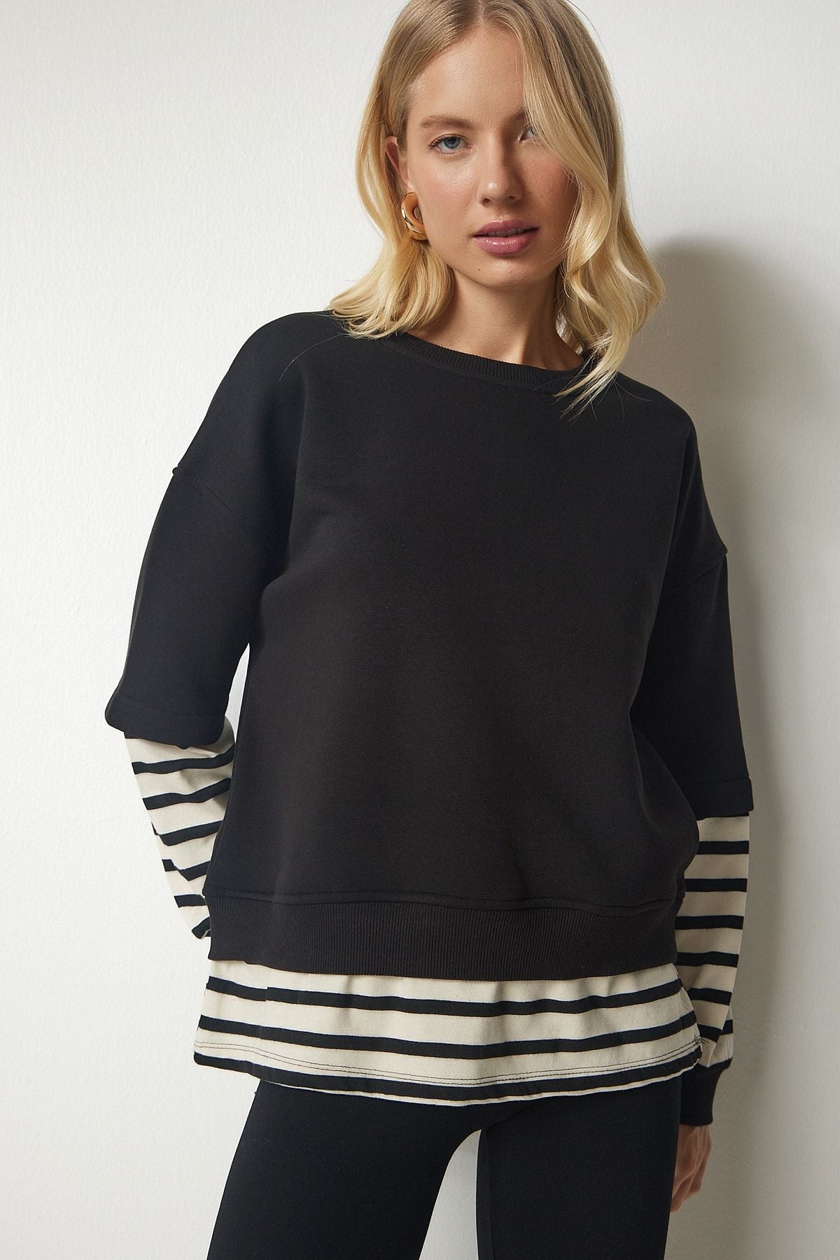 Siyah Çizgili T-Shirt Parçalı Örme Sweatshirt CR00413