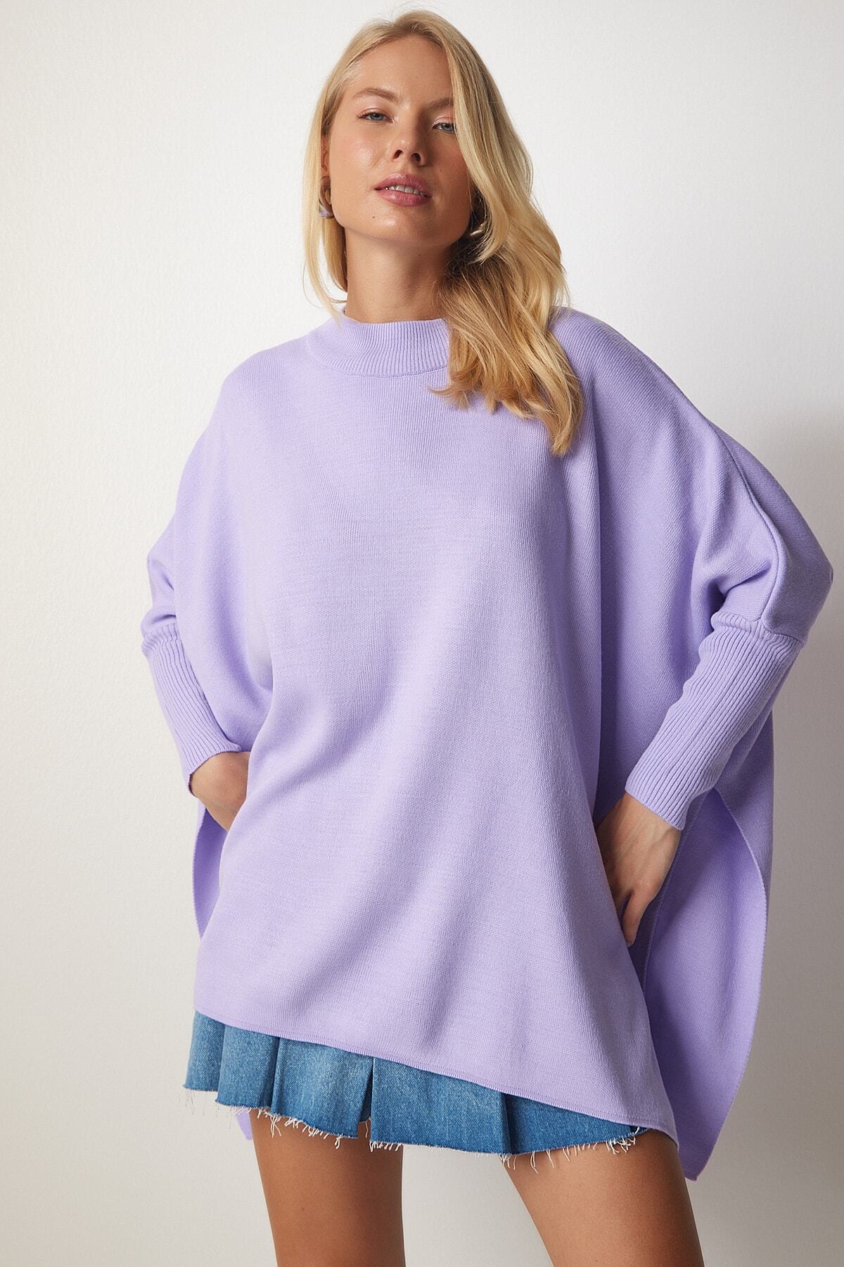 Lila Yandan Yırtmaçlı Oversize Panço Kazak YY00005