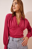Koyu Pembe Derin V Yaka Crop Sandy Örme Bluz BF00050