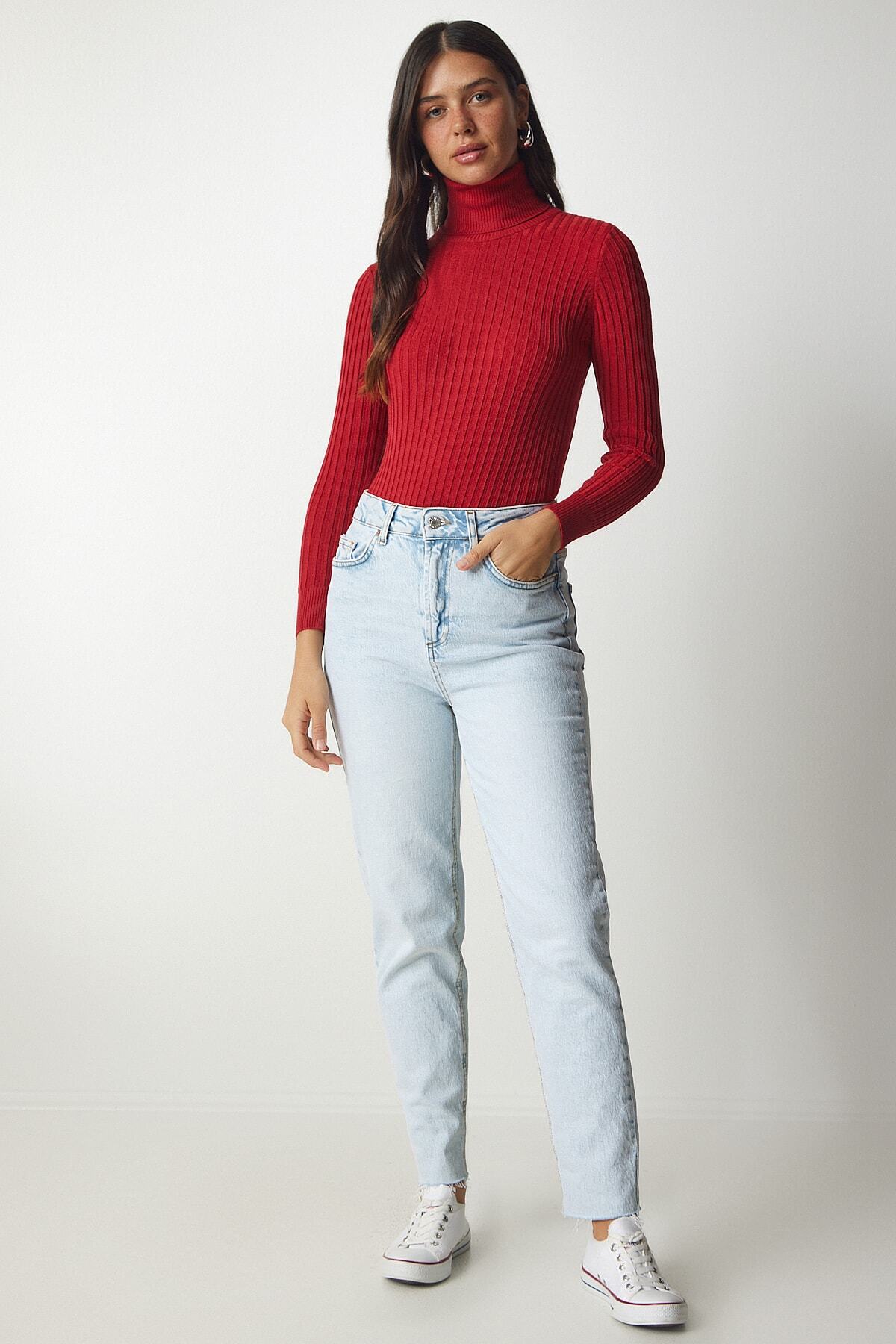 Kırmızı Balıkçı Yaka Fitilli Basic Kazak bv00095