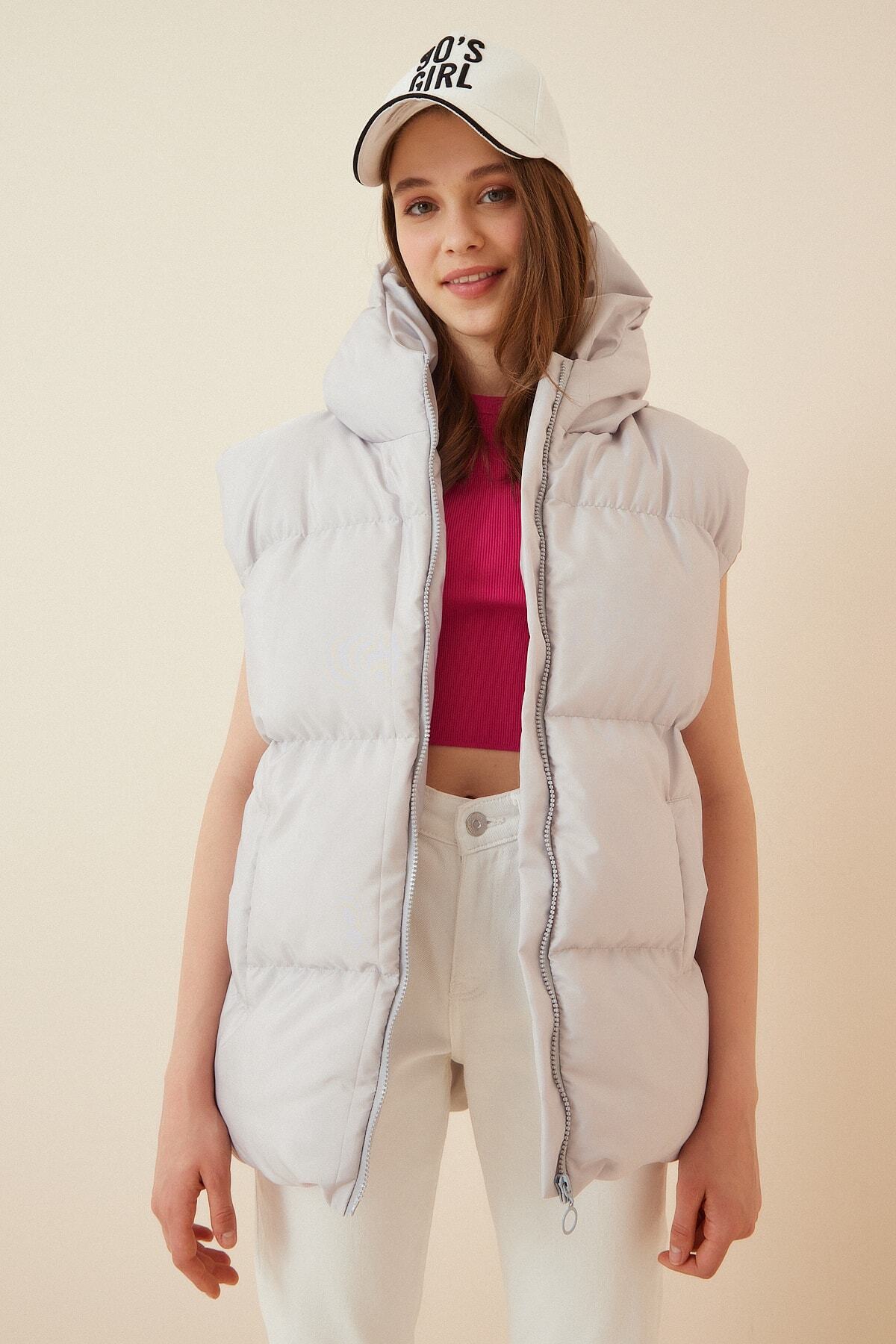 Taş Grisi Kapüşonlu Oversize Şişme Yelek MK00176
