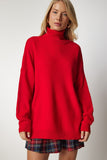 Kırmızı Balıkçı Yaka Oversize Triko Kazak BV00084