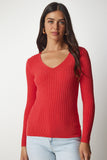 Koyu Oranj V Yaka Fitilli Basic Bluz BV00096