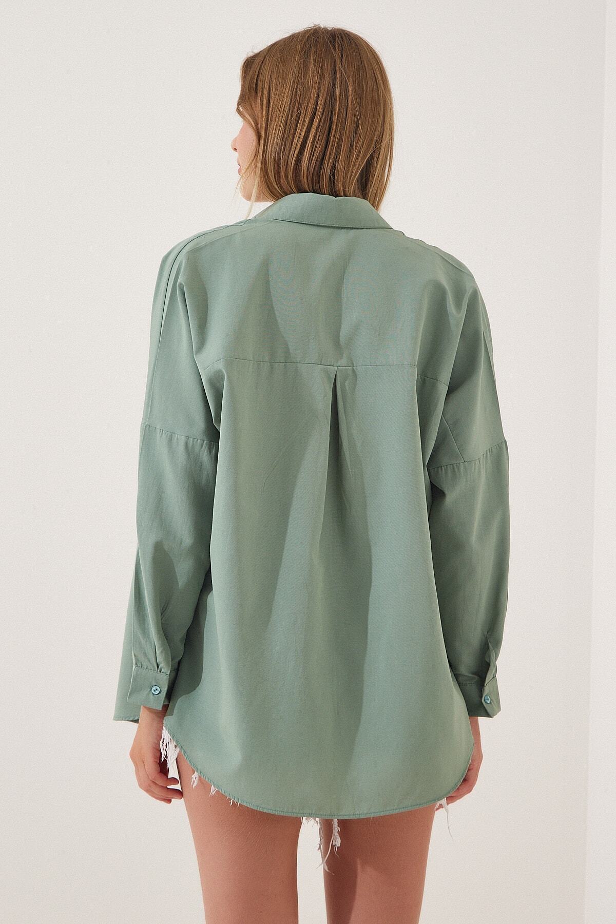 Koyu Çağla Yeşili Oversize Uzun Basic Gömlek DD00842