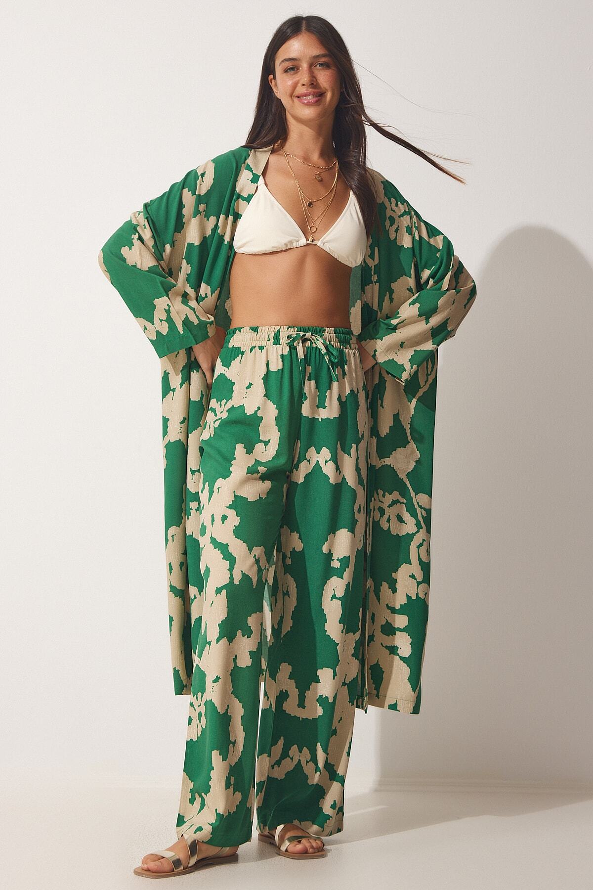 Yeşil Bej Desenli Viskon Kimono Palazzo Pantolon Takım CI00086