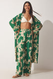 Yeşil Bej Desenli Viskon Kimono Palazzo Pantolon Takım CI00086