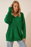 Yeşil V Yaka Selanik Örgü Oversize Triko Kazak ZA00059