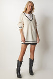 Ekru V Yaka Oversize Uzun Triko Kazak  BP00140