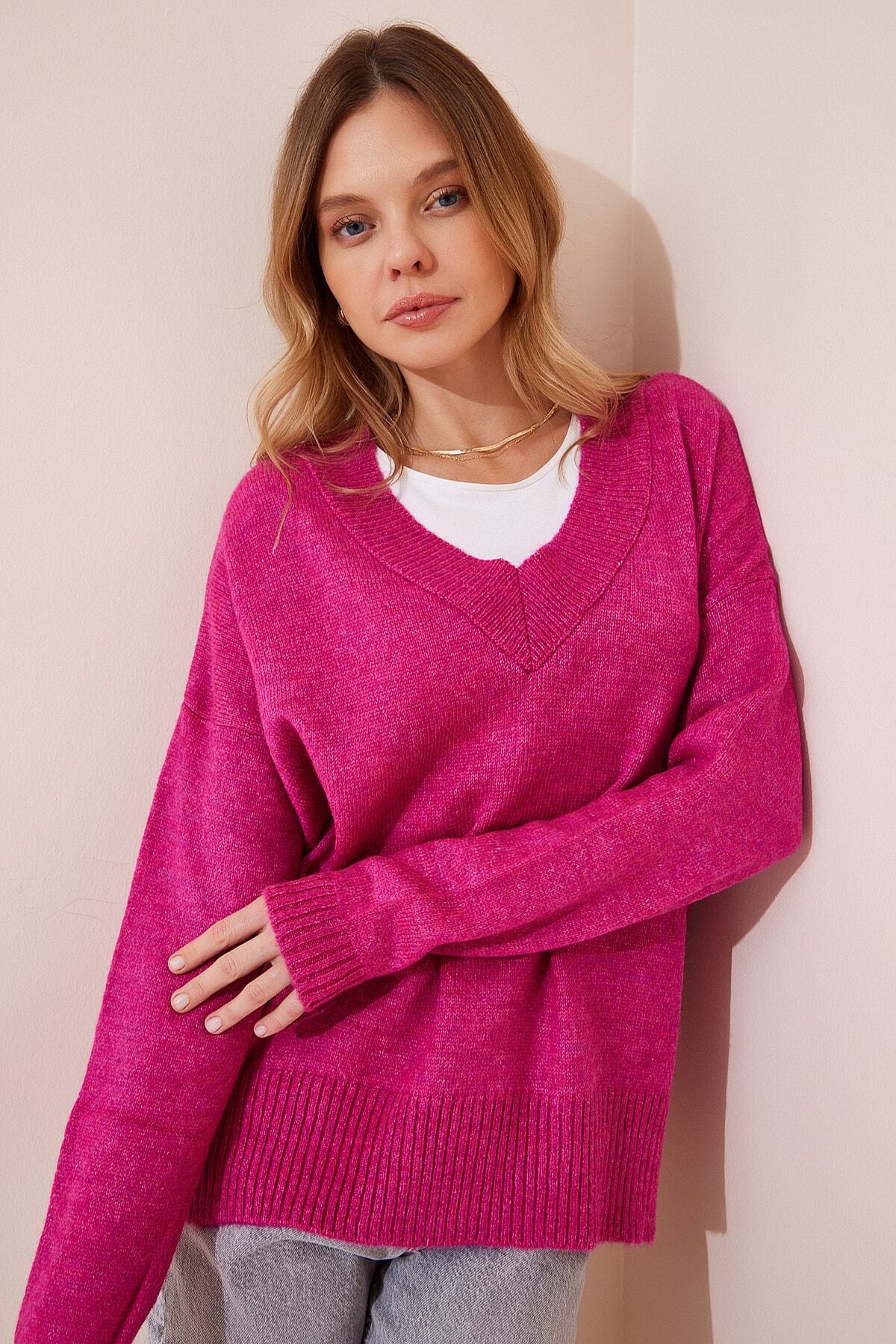 Pembe V Yaka Oversize Triko Kazak  BV00003