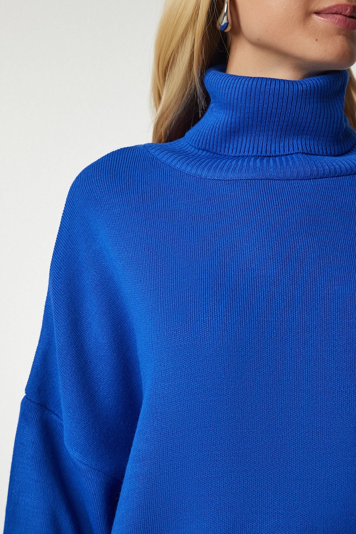 Mavi Balıkçı Yaka Oversize Triko Kazak BV00084