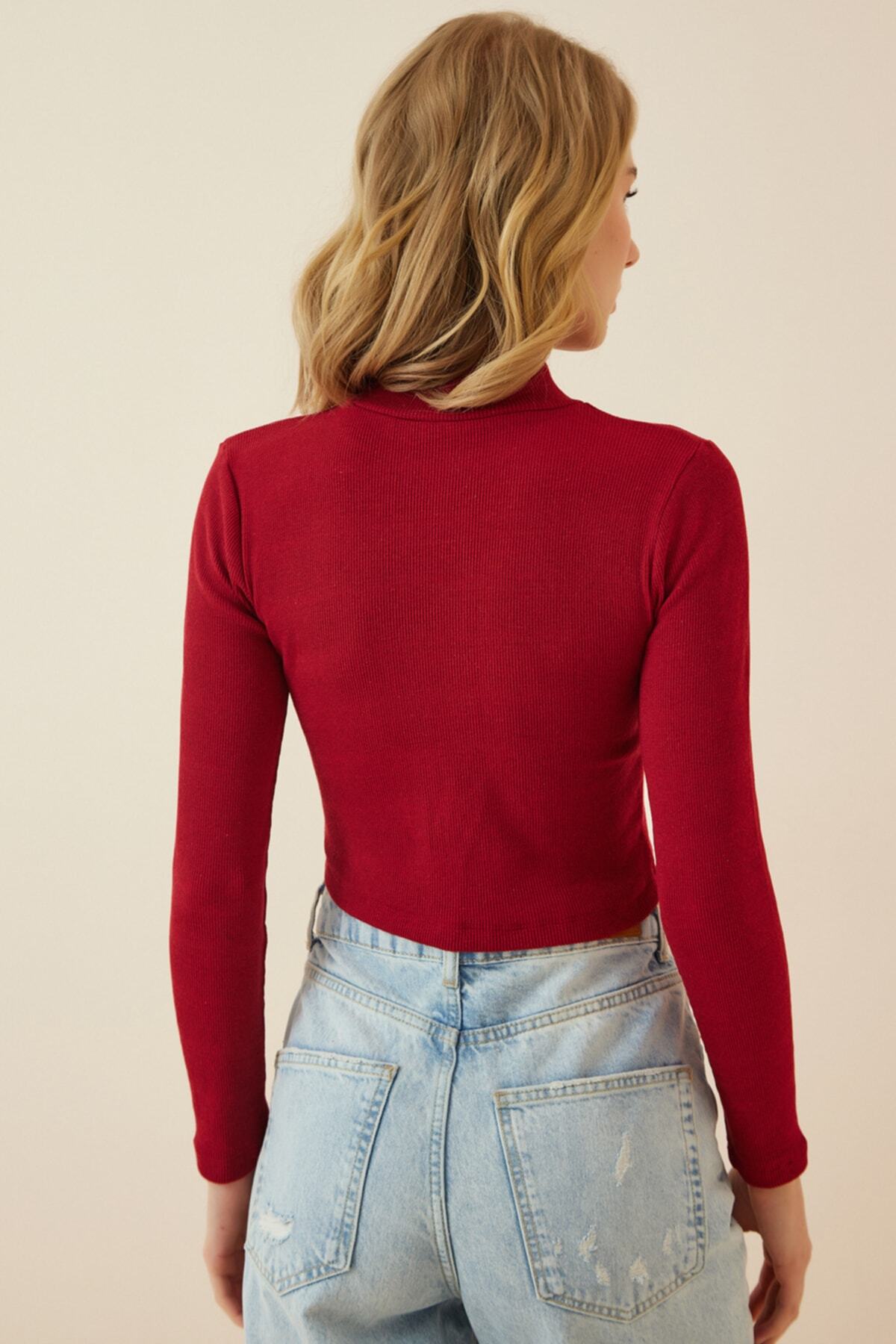 Bordo Fitilli Balıkçı Yaka Crop Örme Bluz GT00059