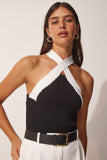 Siyah Halter Yaka Crop Triko Bluz US00900