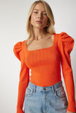 Oranj Kare Yaka Fitilli Triko Bluz YY00159