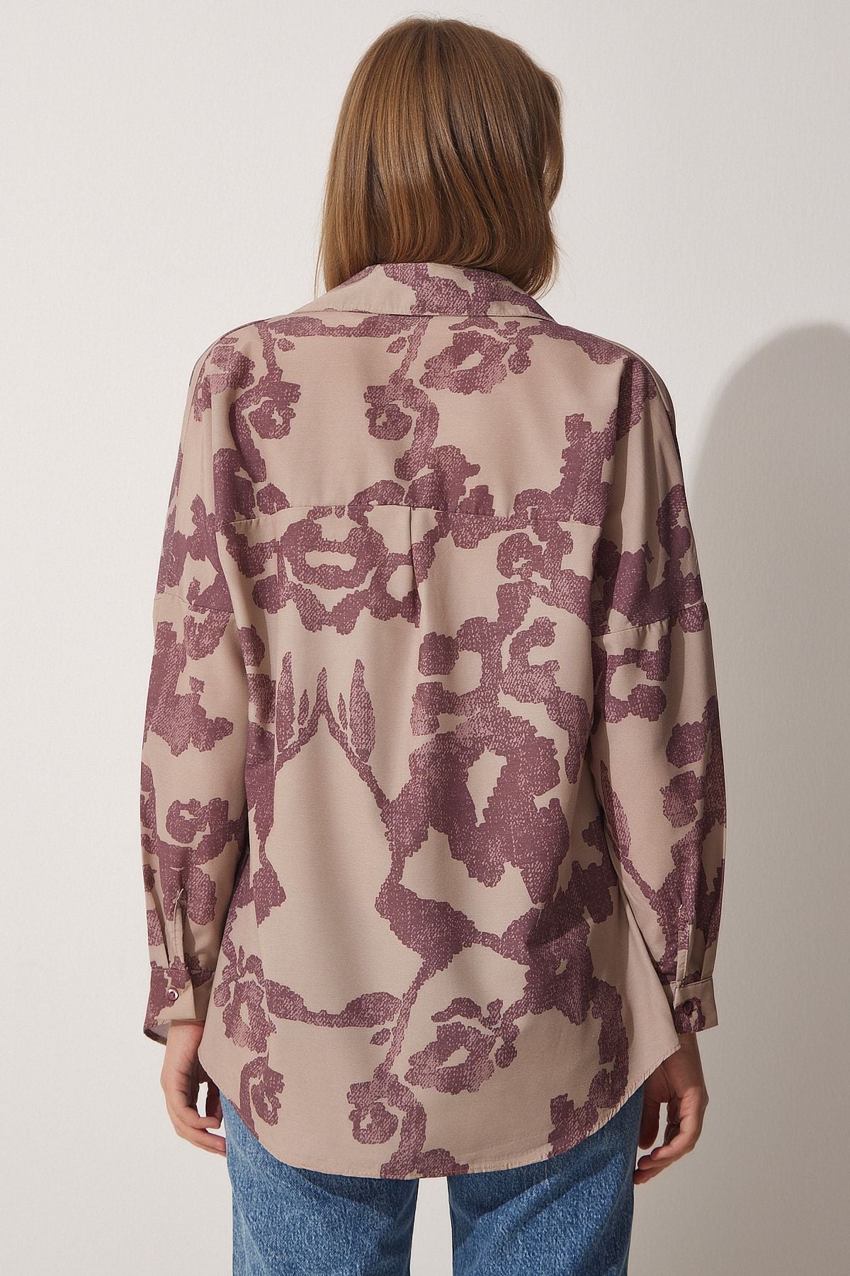 Mürdüm Bej Desenli Oversize Poplin Gömlek DD01227