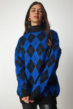 Mavi Baklava Desenli Oversize Triko Kazak YY00162