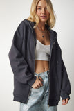 Antrasit Kapüşonlu Fermuarlı Oversize Sweatshirt UB00124