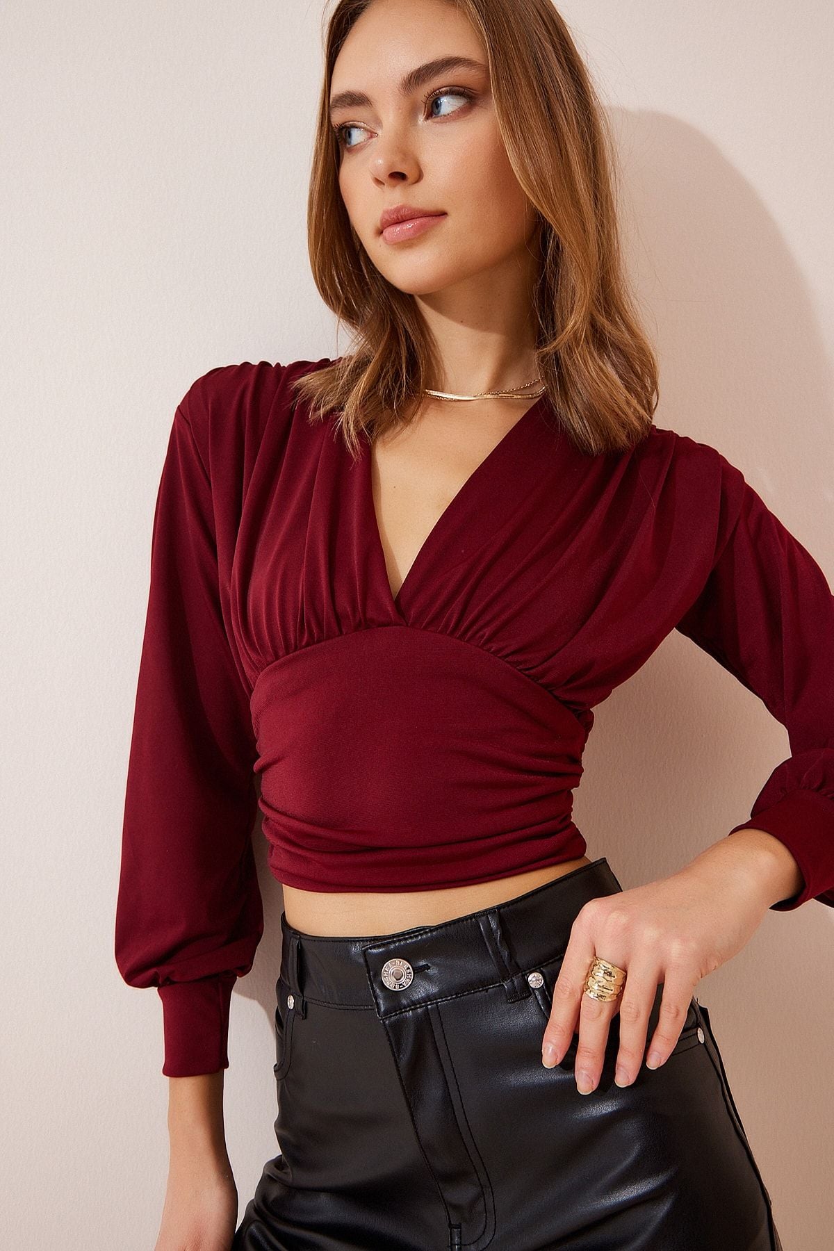Bordo Derin V Yaka Crop Sandy Örme Bluz BF00050
