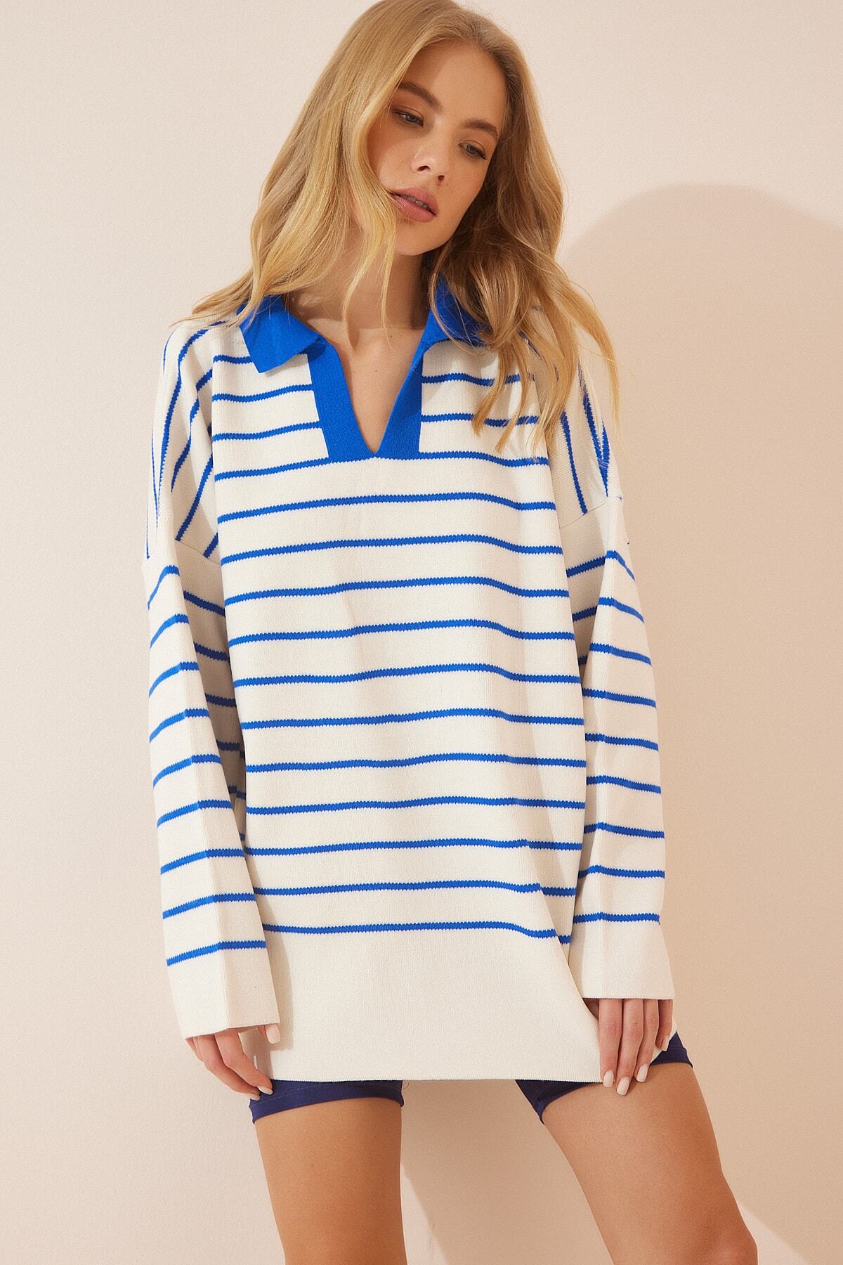 Beyaz Mavi Polo Yaka Çizgili Oversize Triko YY00086