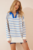 Beyaz Mavi Polo Yaka Çizgili Oversize Triko YY00086