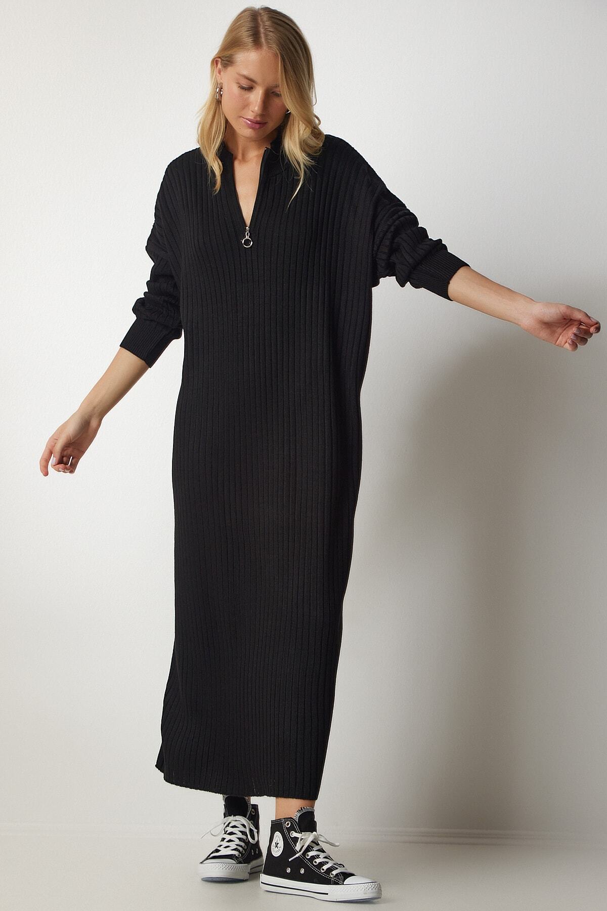 Siyah Fitilli Oversize Triko Elbise DD01251