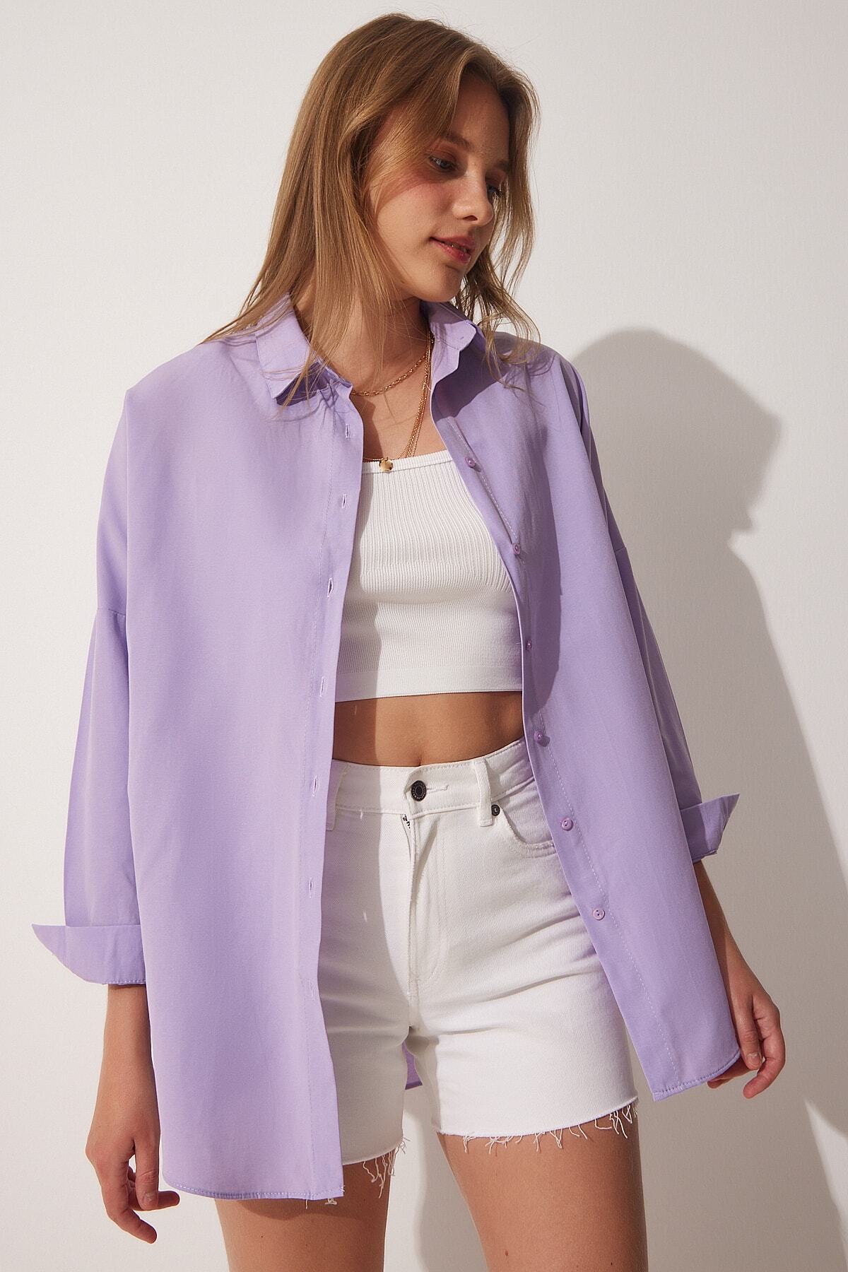 Açık Lila Oversize Uzun Basic Gömlek  DD00842