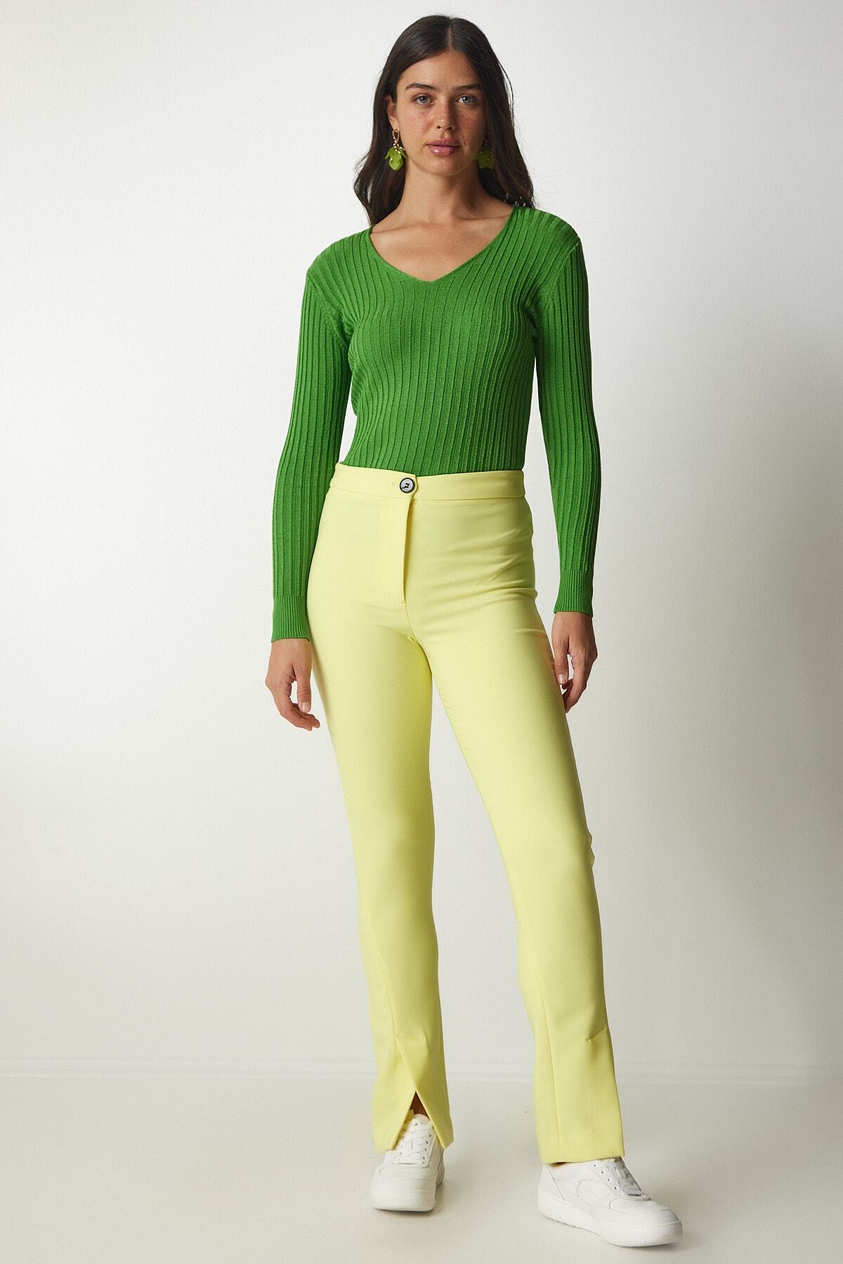 Açık Yeşil V Yaka Fitilli Basic Bluz BV00096