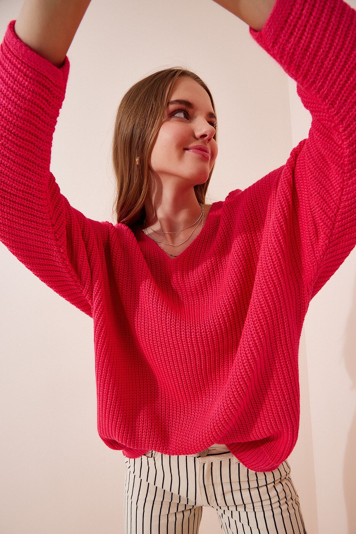 Koyu Pembe V Yaka Selanik Örgü Oversize Triko Kazak ZA00059