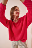 Koyu Pembe V Yaka Selanik Örgü Oversize Triko Kazak ZA00059