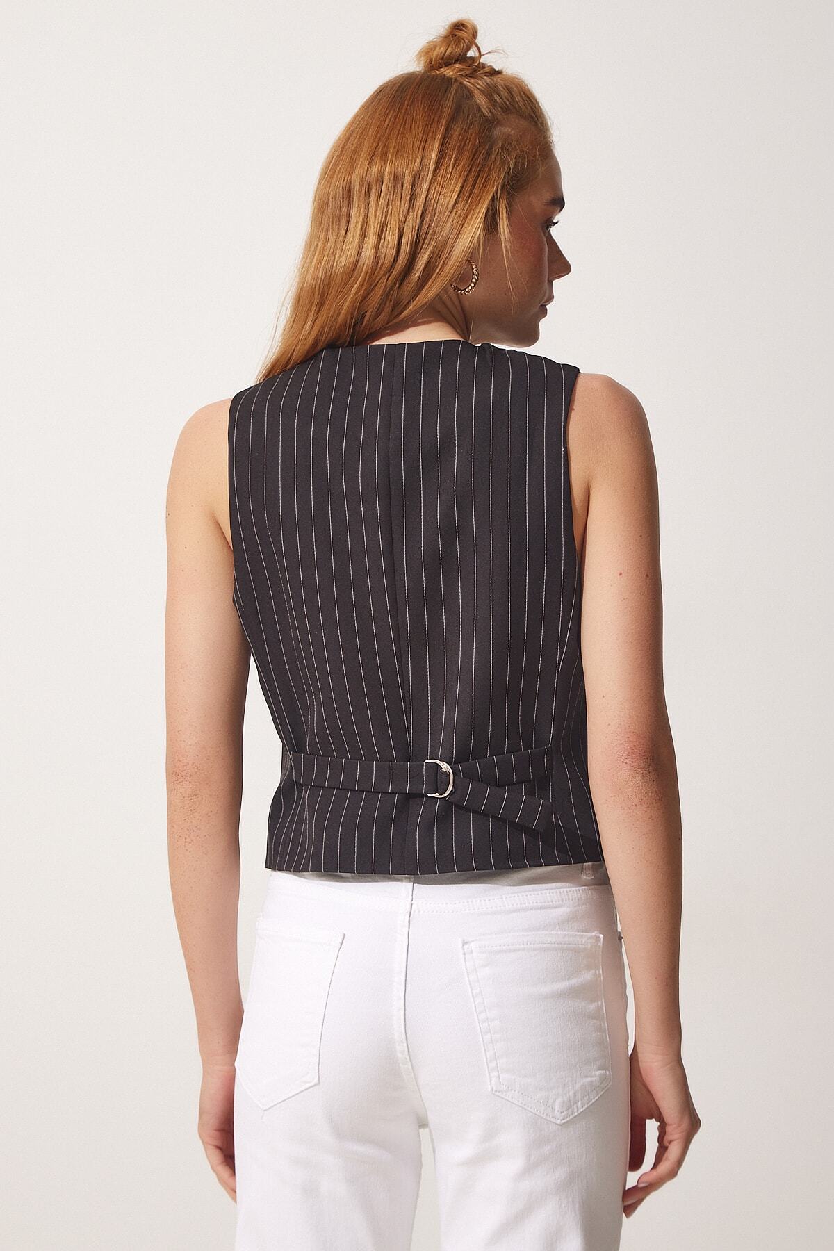 crop çizgili dokuma siyah yelek yeni model