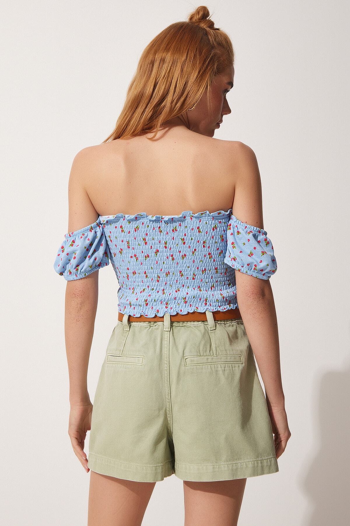 Mavi Baskılı Crop Viskon Örme T-Shirt UB00084
