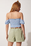 Mavi Baskılı Crop Viskon Örme T-Shirt UB00084