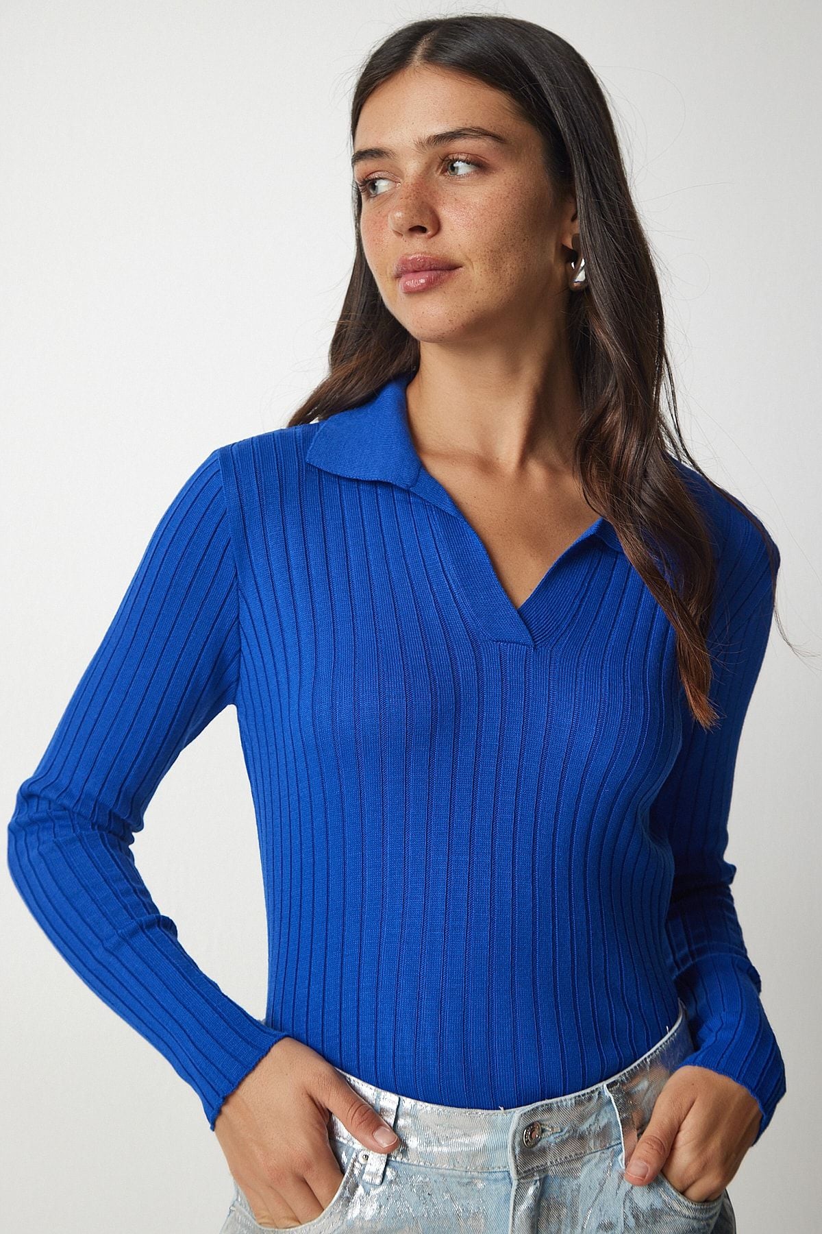 Koyu Mavi Polo Yaka Fitilli Triko Kazak  BV00011