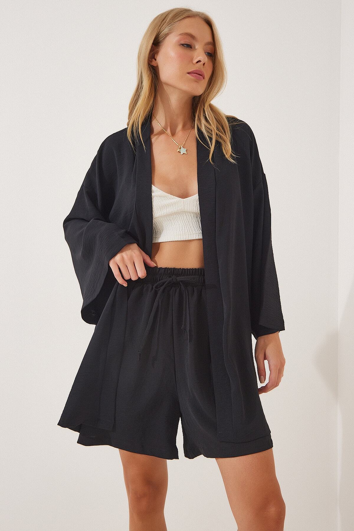 Siyah Dökümlü Ayrobin Kimono Şort Takım DZ00053
