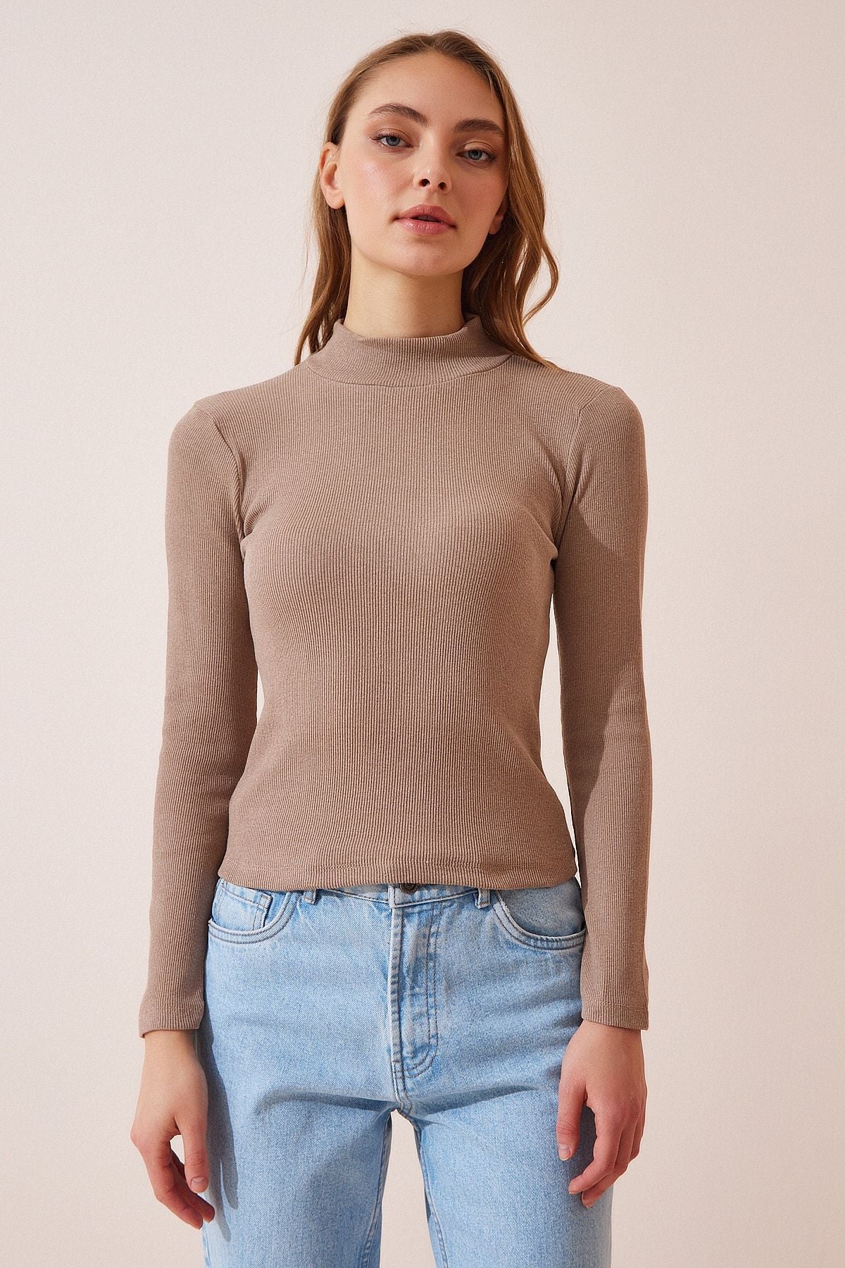 Bej Balıkçı Yaka Fitilli Örme Bluz GT00054